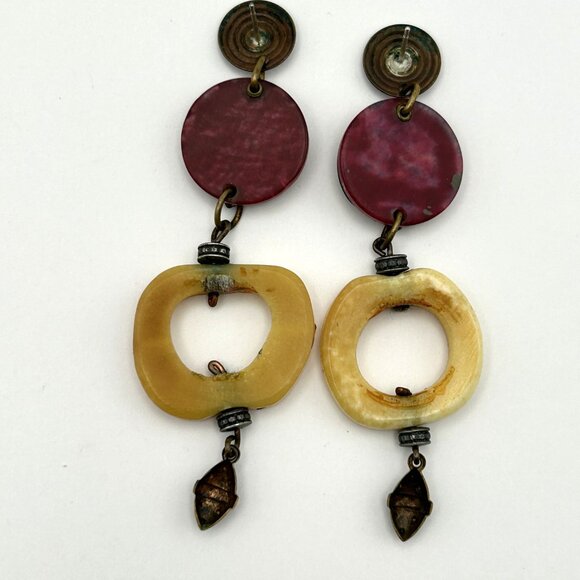 Vintage Boho Artisan Statement Earring Bundle Brass Tone Dangles Hoop - Picture 12 of 16